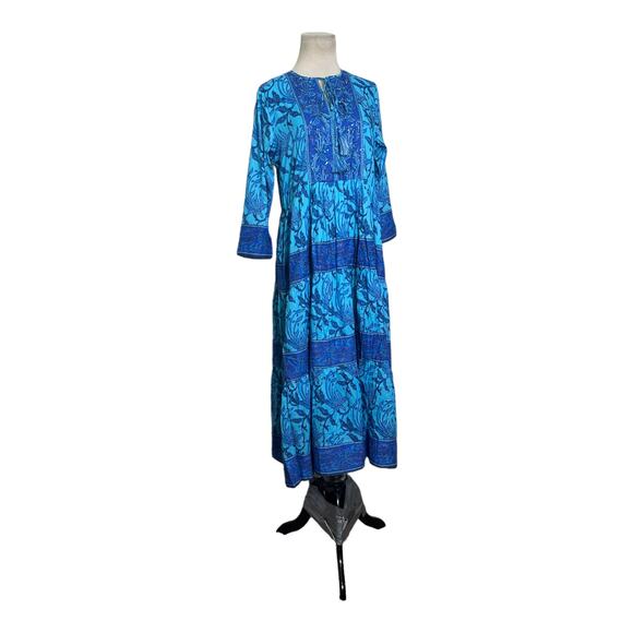 Bella Tu Blue Batik Floral Tier 3/4 Sleeves Boho Midi Dress size Small - Picture 12 of 16
